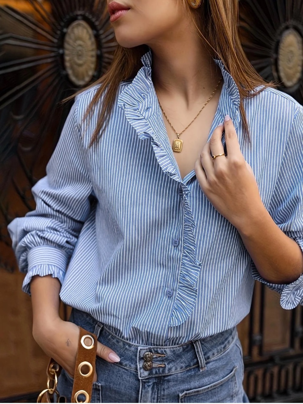Striped Ruffle-Trim Button Down Shirt - Blue